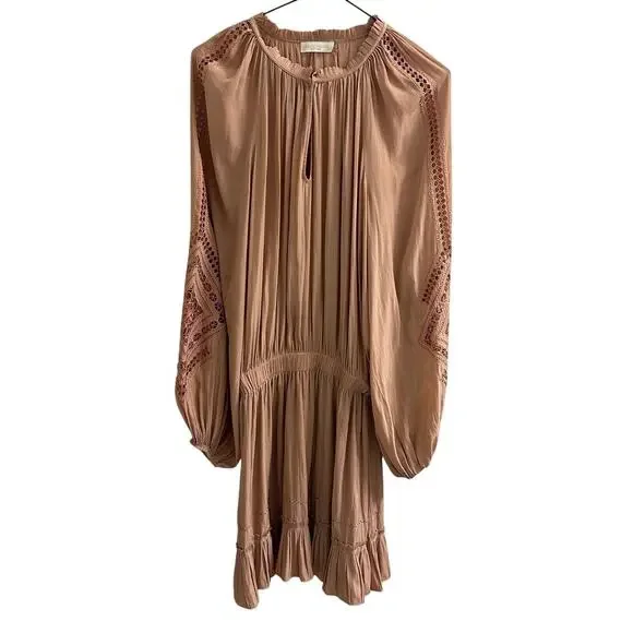 Ramy Brook Emmett Carmel Ruffle Boho Mini Dress Long Sleeve Smocked M Like New - Picture 6 of 9